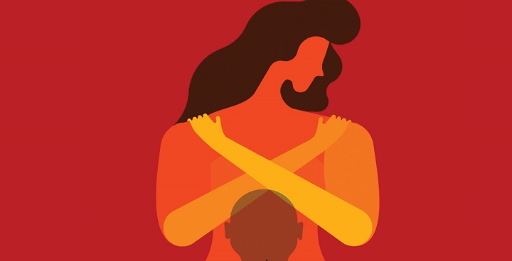 red background with graphic of orange lady with arms folder as if to protect herself from being struck. There appears to be a shadow of a mans head on her lower body