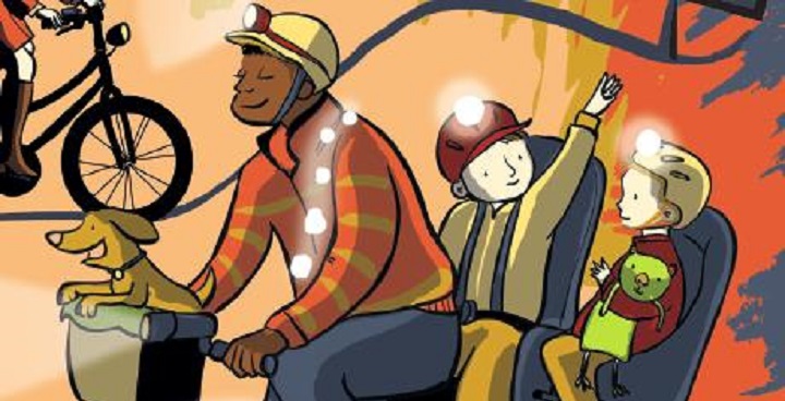 extract from Lambeth bike ride 2018 poster: illustrtation of man in miner's helmet cycling with 2 children behind him and strings of lights around neck