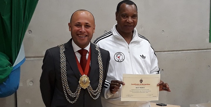 Mayor of Lambeth Cllr Christopher Wellbelove brought a special award to Kazoku Renshinkai karate club’s senior tutor, Alvin Walters