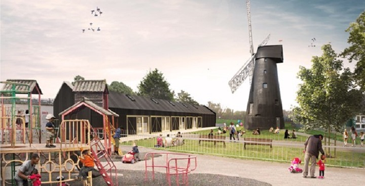 Artist's impression of Brixton Windmill featuring new education centre - building started Nov 2018