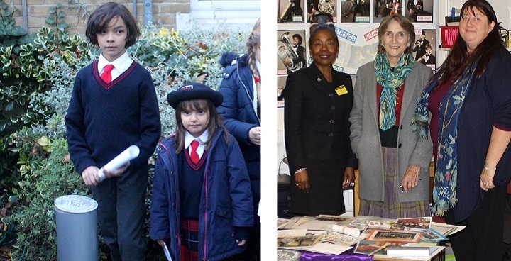L: Blue Plaque competition winners brother and sister Freddie and Annie Mushrafi with their item for inclusion in the time capsule; R: Cllr Winifred, Marie Jessel (Foundation Governor), Karen Pluckrose (Headteacher)