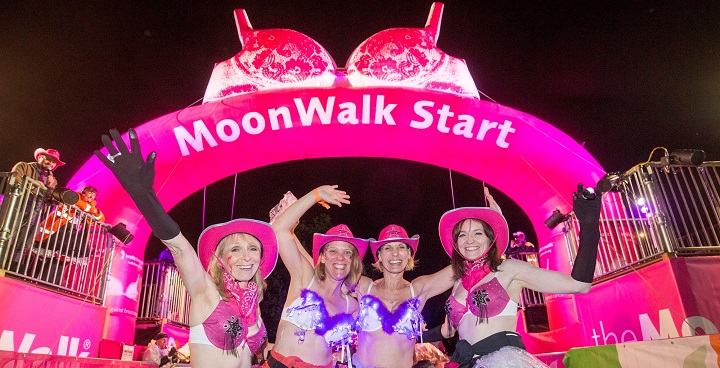 Moonwalk Clapham Common 2019 sign up jan 2019 - women walkers in pink stetsons & purple bras