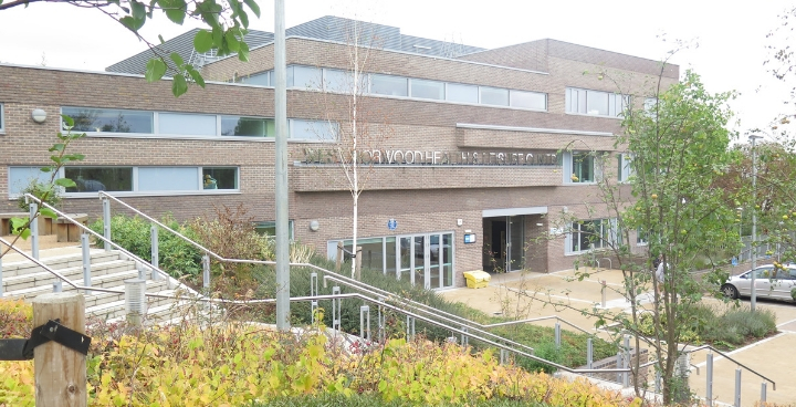 Outside front entrance of West Norwood Health and Leisure Centre overlooking steps and greenery