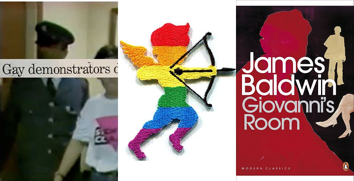L-R Section 28 film BBC news invasion; Rainbow cupid from craft fair; cover of book 'Giovanni#s Room' by James Baldwin (readers group discussion)