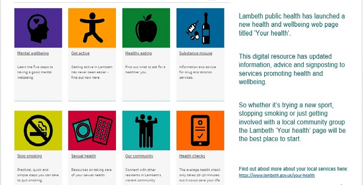 8 infographics - mental wellbeing, get active, healthy eating, stop smoking, substance abuse, sexual health, community & health checks on home page of 'Your health' council website