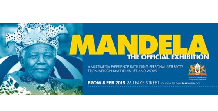 Mandela exhbition poster - blue-tinted photo of Mandela in leopard tribal headdress; Mandela the official exhbition Leake Street tunnels Waterloo from 8 Feb 2019