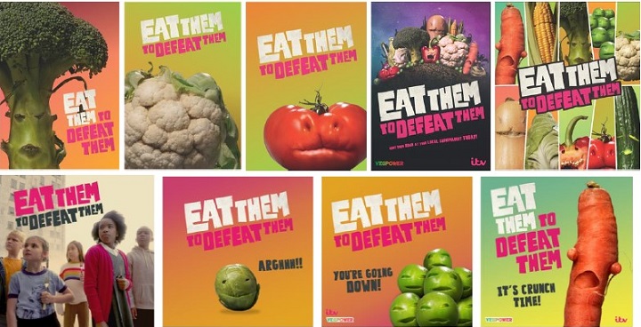 Eat them to defeat them posters showing vegetables as an alien invading army - prompt for kids aged 7-11 to design their own posters