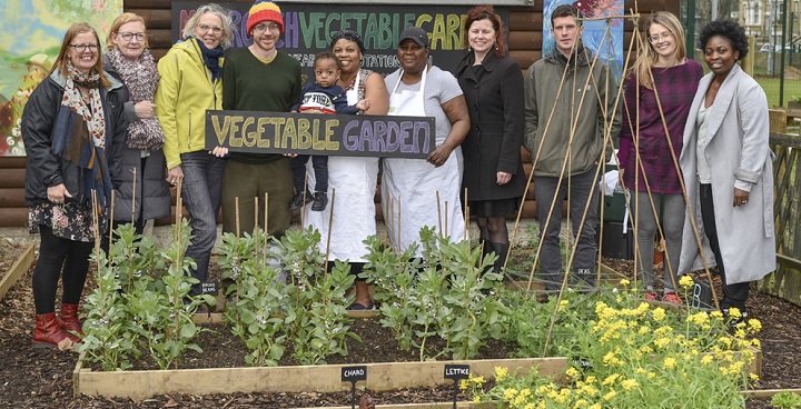 Incredible Edible Lambeth Gardeners and Cllr Claire Holland stand in the vegetable garden at Max Roach Park to launch 2019 Gardening Awards 'Blooming Lambeth'