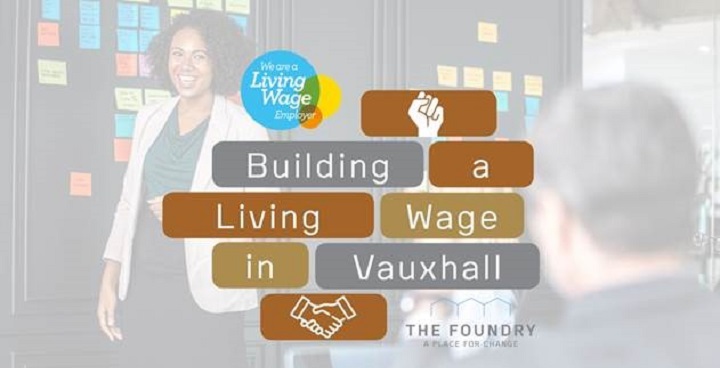 Invitation page to London Living Wage event at the foundry - phto of corkscrew-haired woman in white jacket as greyed-out background to text with one word each in separate dark brown and grey squares