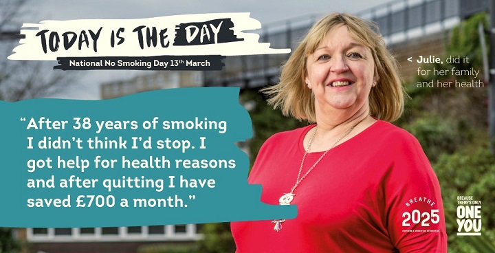 Stop smoking day March 13 2019 - women in red jumper with text on grey green background giving her story 'after years of trying I never thought I'd give up, but with help I've been smoke free'