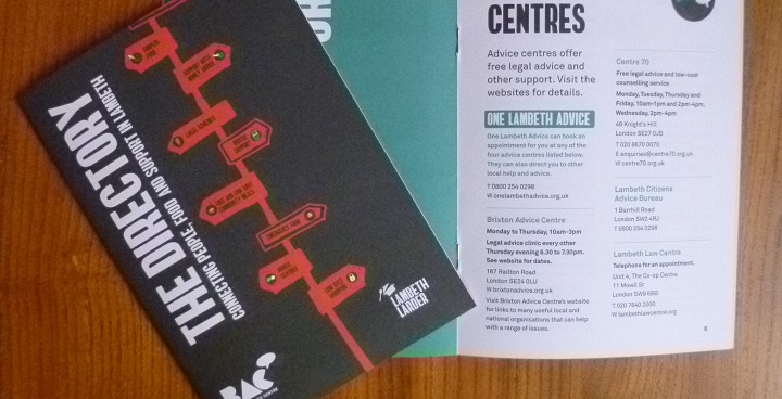 Lambeth Larder have published The Directory, a free guide to community-based resources in lambeth including, advice centres, early years, etc. Front cover and inside spread shown