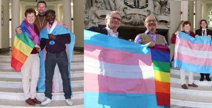 David Orekoya & Fiona Connolly; Andrew Travers & Adrian; Cllr Jack Hopkins in Trans & rainbow flags