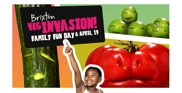 Brixton veg invasion poster with oyung girl pointing up at date of event and veg graphics in background