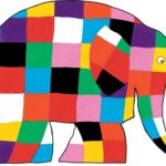 Side view of Elmer the elephant made of multi-coloured squares