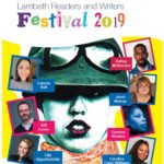 cover of Lambeth readers & writers 2019 festival - photo of singer & Lambeth resident Poly Styrene in tank driver helmet & goggles surrounded by inset authors faces inc. Women's HOur's Jenni Murray, Black Lives Matter's DeRay McKesson & Will Eaves, author of a new novel about Alan Turing