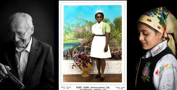 business card from photographer Harry Jacobs with hand-coloured photo of Nurse standing by a basket of flowers