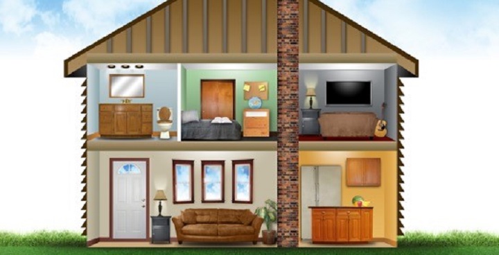 cutaway view of 2 bedroom house shoing contents that can be covered by home insurance - sofa, bed linen, TV, guitar etc