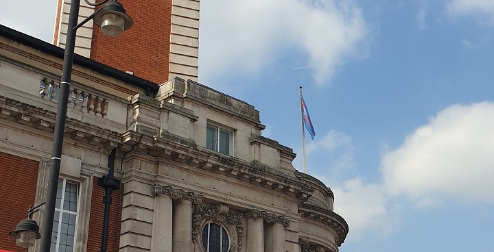 pink & blue transgender flag flies on Lambeth Town Hall to mark March 31 International Transgender Day of Visibility