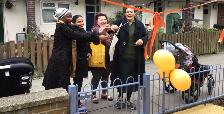 Left to right: Cllr Jennifer Braithwaite, resident Khudeja Khanam, Cllr Annie Gallop, LEAP director Laura McFarlane cut the ribbon at upgraded children's playground at Cowley Estate