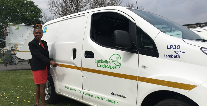 Cllr Winifred with enviro-friendly vehicle from Lambeth's parks fleet May 2019