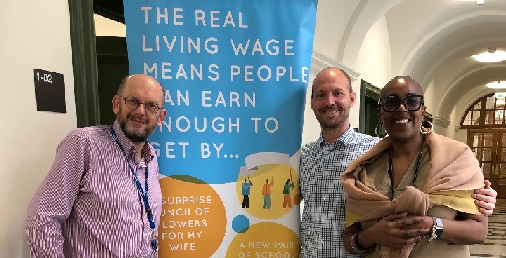 Cllr Davis, Cllr Davie & Lucy Bannister from Living Wage Foundation with pop-up banner about the meani ng of London Living Wage at the Town Hall May 2019