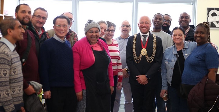 Cllr Christopher Wellvelove (Mayor of Lambeth 2018-19) with members of mental wellebing charity safe space. Mosaic Clubhouse