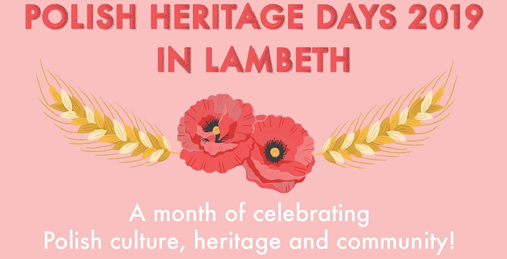 Polish heritage day in Lambeth with poppies, ears of wheat, text in red on pink background