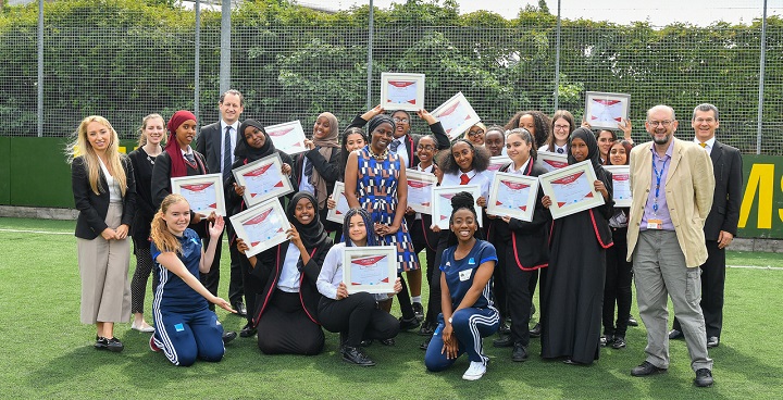 19 x 14-15 yr old girls from Lilian Baylis school graduate from 9-month 'street elite' coaching, mentoring & sports programme. Cllr Brathwaite in centre