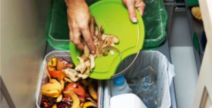 Image of someones hand tipping food waste into a caddy.