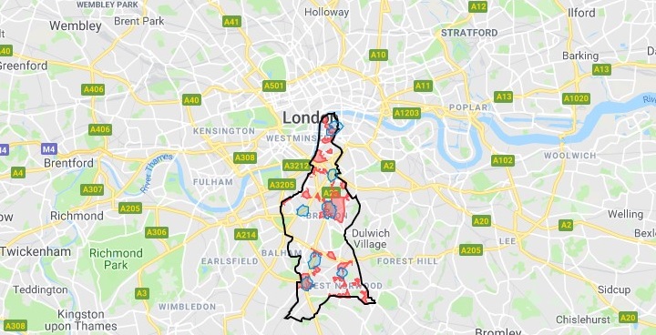 Lambeth outlined on a map to show gambling vulnerability zones across Greater London area