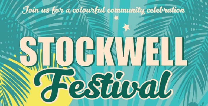 A colourful celebration of community - Stockwell Festival 2019 white text against blue background with palm leaves