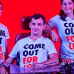 Image from Stonewall of young person, weheelchair user and woman in 'come out for LGBT' t-shirts