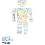 Men's health week poster - human figure made up of numbers eg blood presseure, body mass index, units of alcolohol recommended, 5 -a-day, 3/4 of suicides are men 