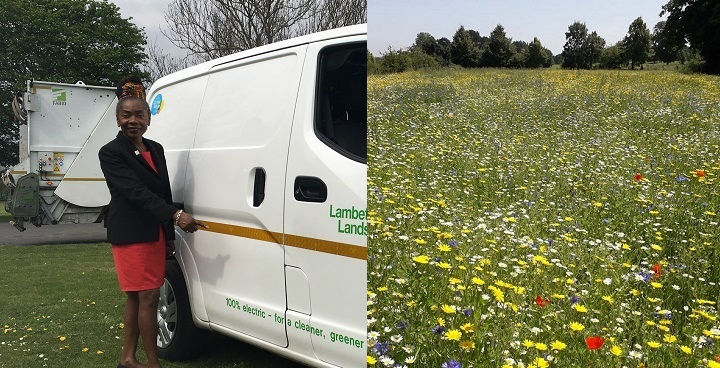 L: Cllr Winifred with 'green fleet' parks vehicle R= new wildflower meadow @ Brockwell Park