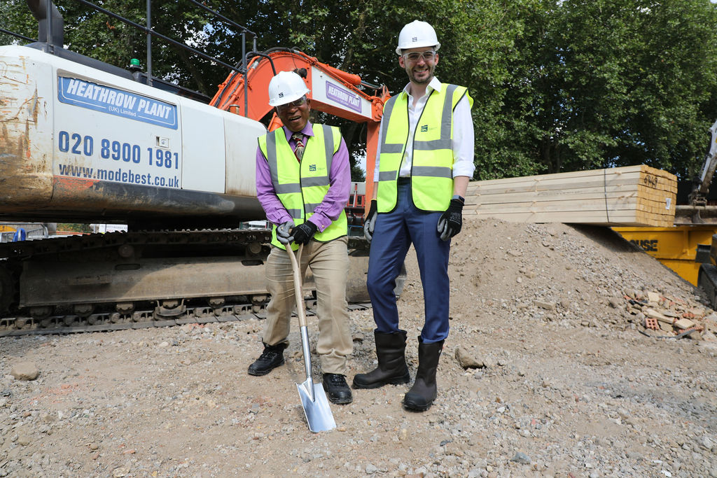 Cabinet Member Matthew Bennett, and local councillor Donatus Anyanwu officially breaking ground at the Somerleyton Road site