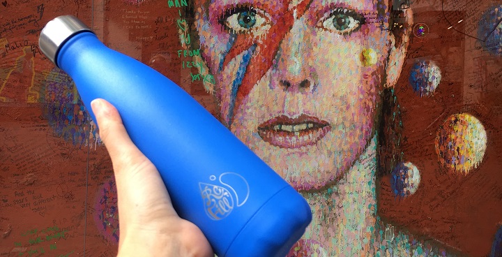 Refillable water bottle with Brixton's Bowie mural