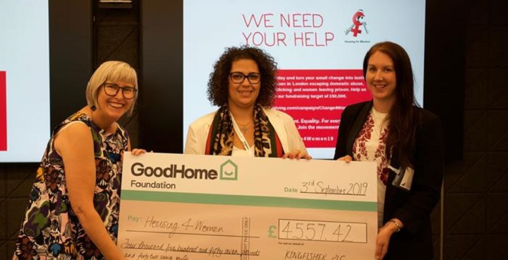 Bernadette O Shea, Chair of the Board at Housing for Women; Tara Hanna, Kingfisher, Jo Mourant, Kingfisher. Kingfisher donated the 1st of their Good Home Foundation fundraising to kick start our Change for Women 2019 campaign.