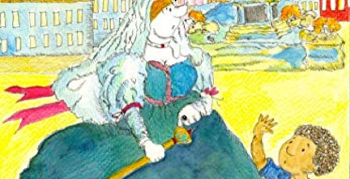 extract from front cover of book 'Petrified': colourful drawing of Queen Victoria and teenage heroine Zoe in Traaflgar Square