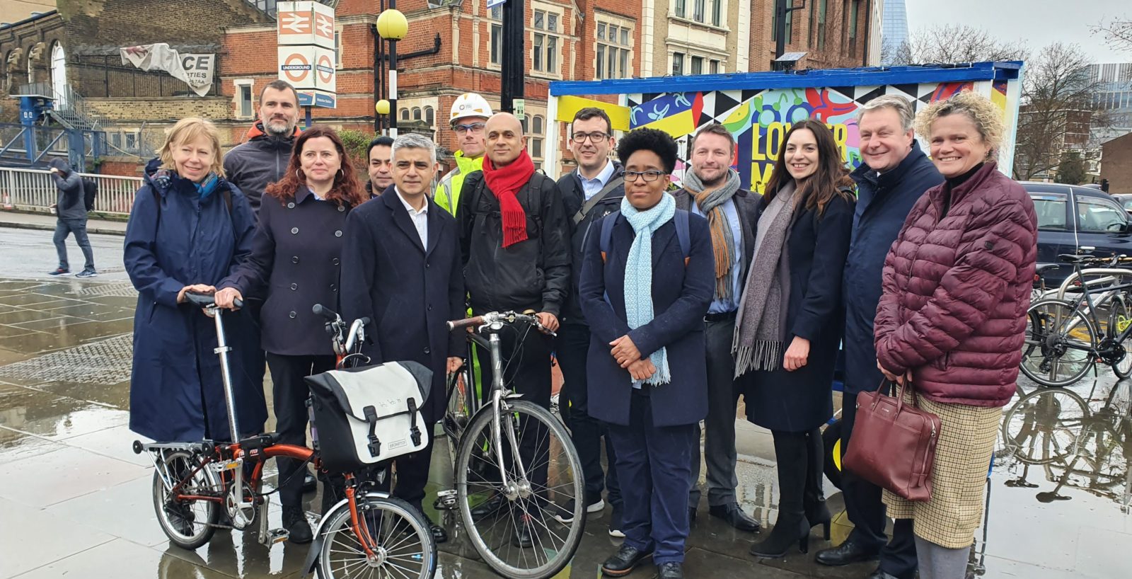 A group shot of Lambeth Cllr, The London Mayor Sadiq Khan and local cycling campaigners
