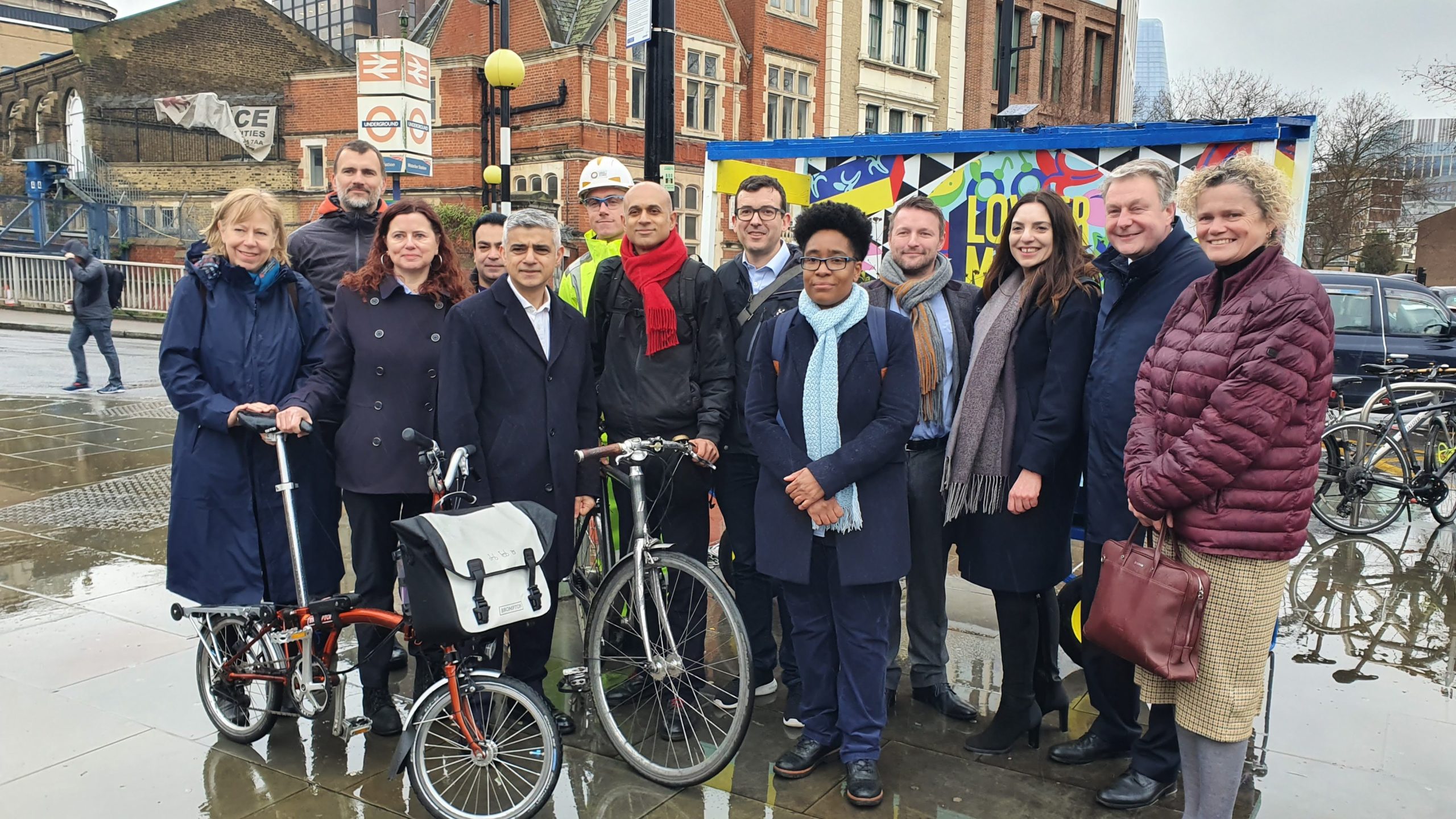 A group shot of Lambeth Cllr, The London Mayor Sadiq Khan and local cycling campaigners