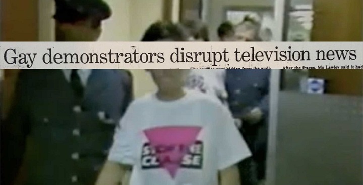 Clause 28 news coverage screen grab 'Gay demonstrators disrupt televiison news'