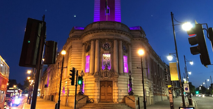 Lambeth Town Hall lit up purple