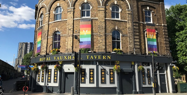 Rioal Vauxhall Tavern in Lockdown with Pride flags