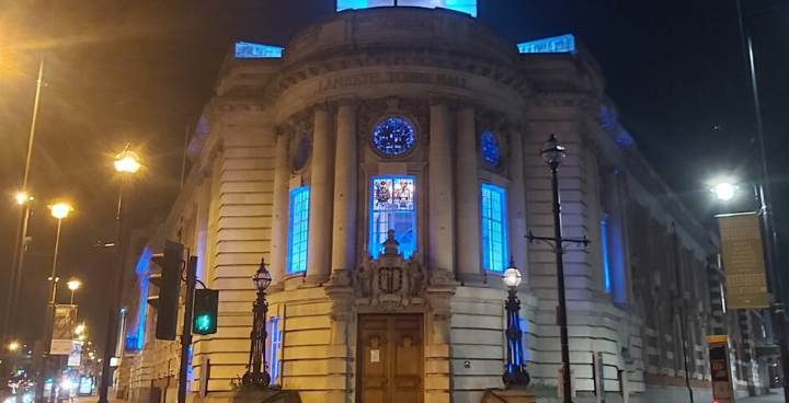 Lambeth Town Hall lit blue
