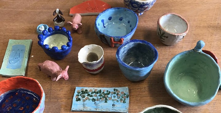 pottery made by kids from clay kits supplied by Mud Gang