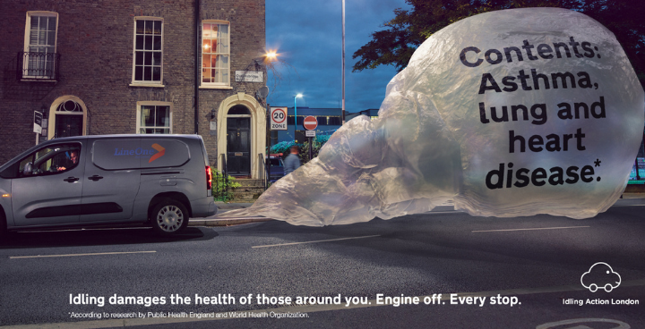 idling action poster showing vehicle and example of large amount of fumes being released