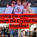 collage of images from Crystal Palace Triathlon - runners hugging, young people waving arms in the air,