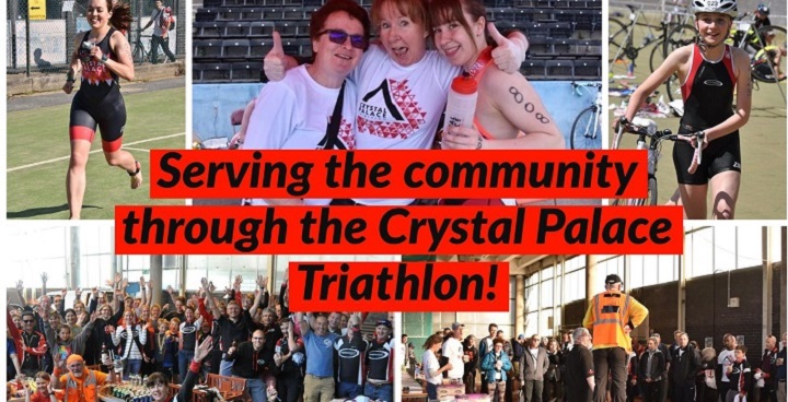 collage of images from Crystal Palace Triathlon - runners hugging, young people waving arms in the air,