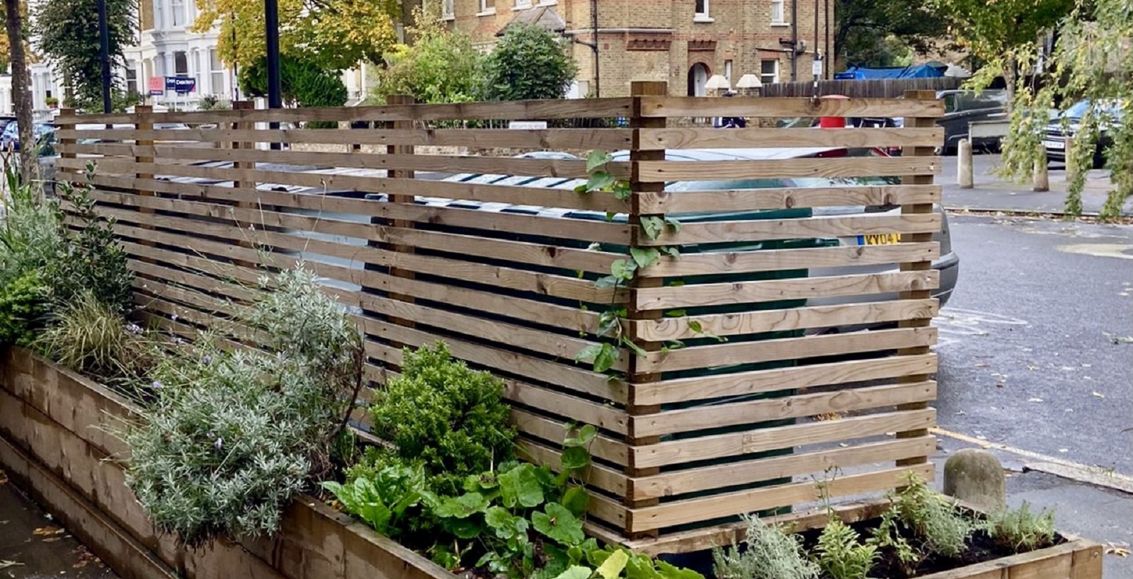 (photo of a bin screening planter of the style Lambeth Capital Projects Team have already installed in Norwood)