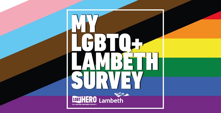 My LGBTQ+ Lambeth Survey tgext in white on progress flag